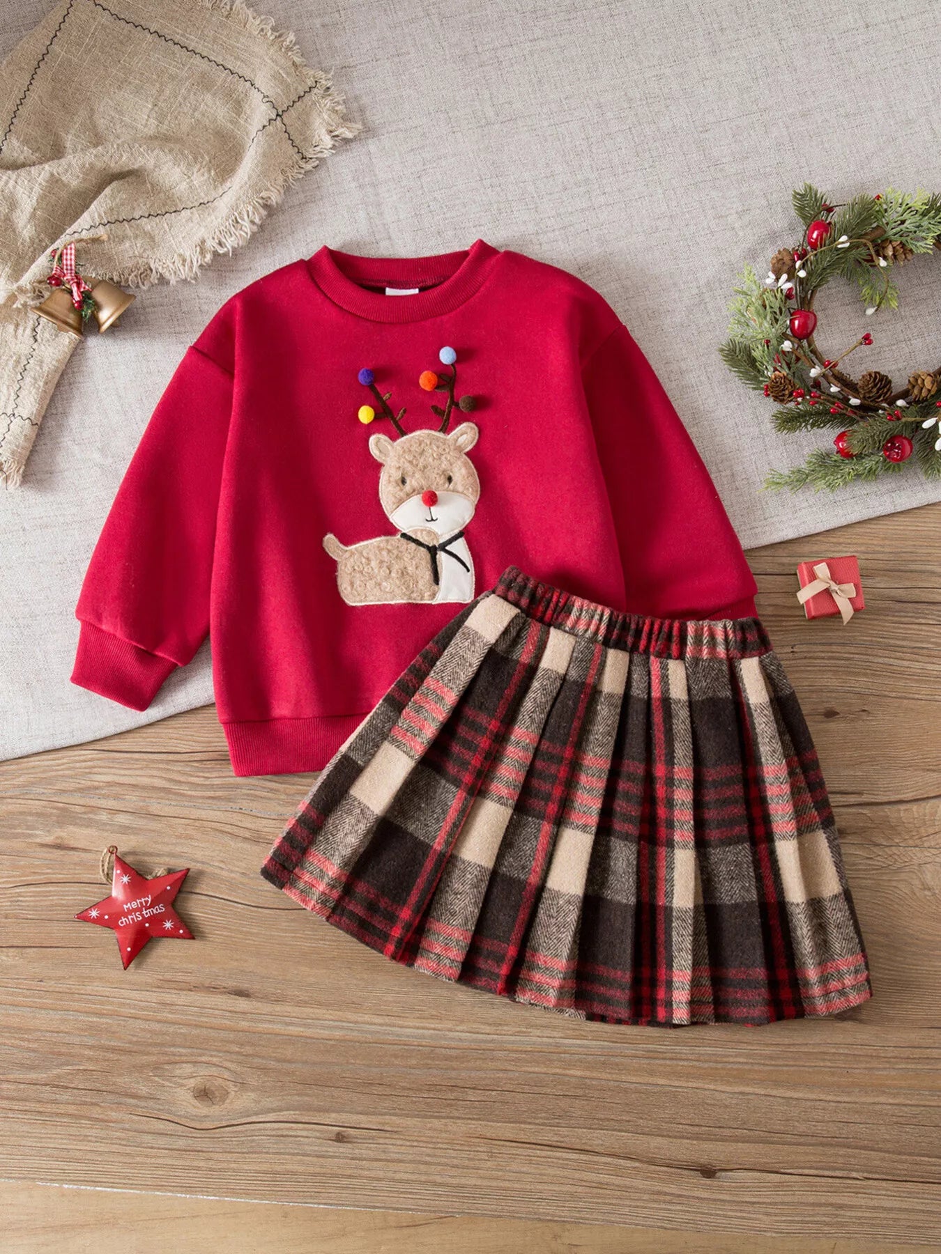 Children's Christmas Reindeer Sweatshirt & Plaid Skirt Set OutfitFlow