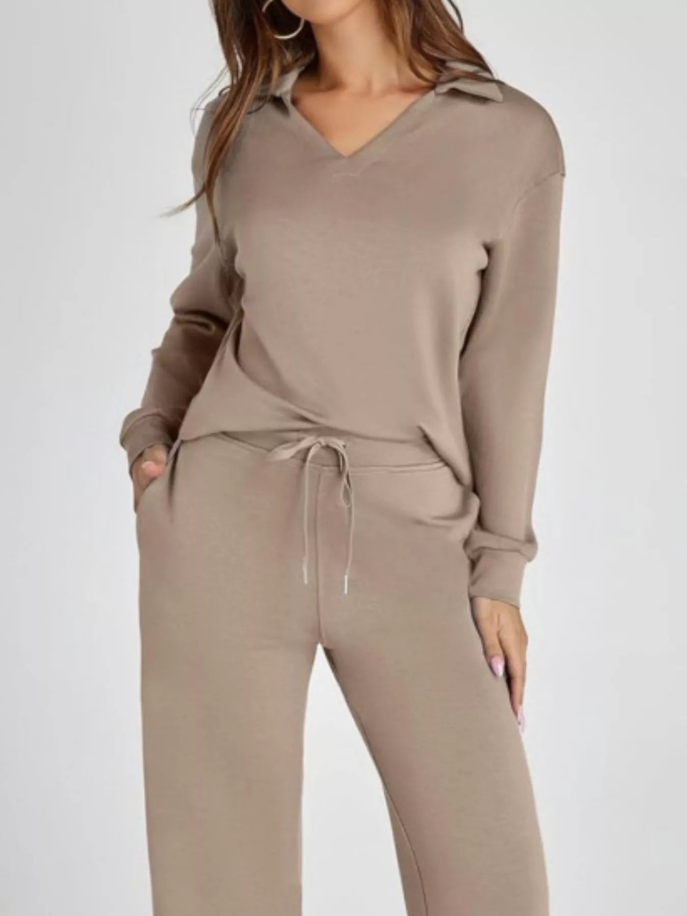 Full Size Johnny Collar Long Sleeve Top and Pants Plus Size OutfitFlow