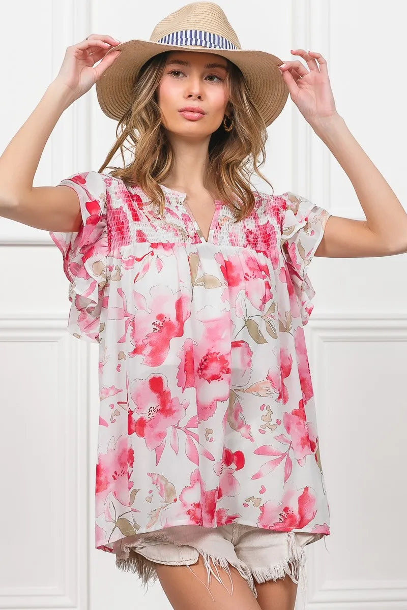 BiBi Floral Print Flutter Sheer Top OutfitFlow