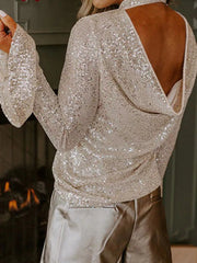 Sequin Mock Neck Bell Sleeve Top OutfitFlow