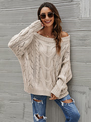 Outfit Flow - Cable Knit Openwork Off-Shoulder Sweater