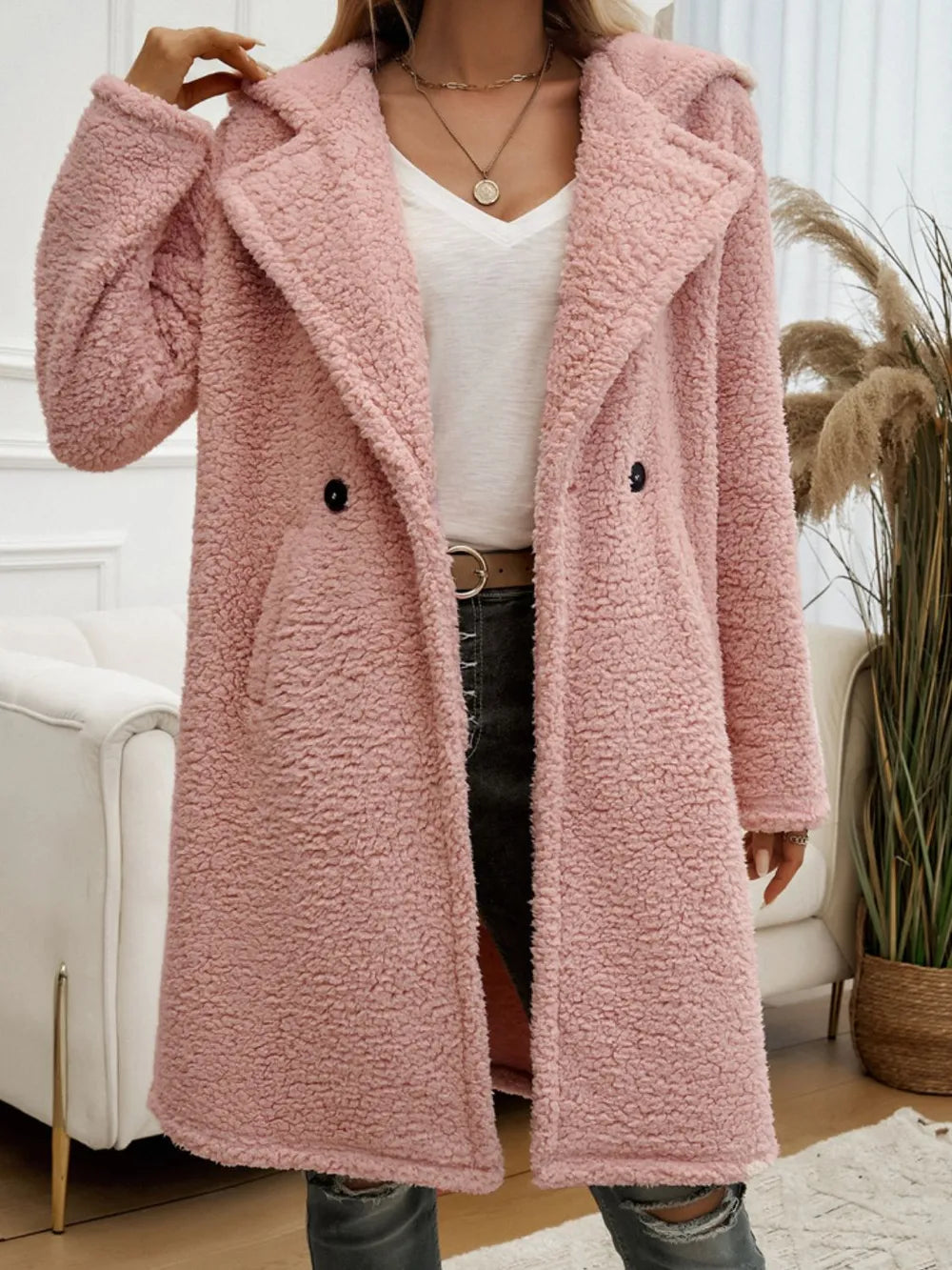 Devine Pocketed Long Sleeve Hooded Teddy Coat Dusty Pink Trendsi