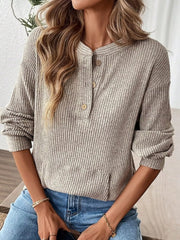 Ribbed Button Detail Long Sleeve T-Shirt OutfitFlow