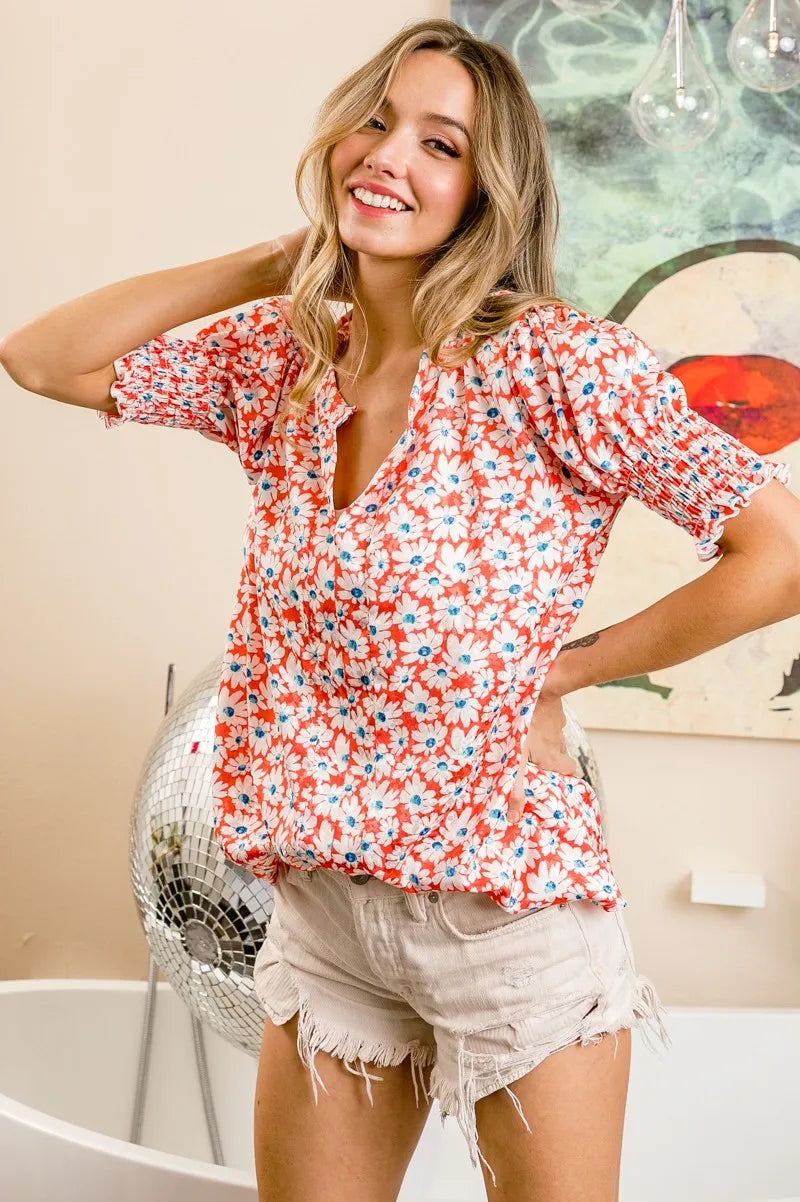 BiBi Floral Jqd Smoked Puff Sleeves V Neck Top OutfitFlow