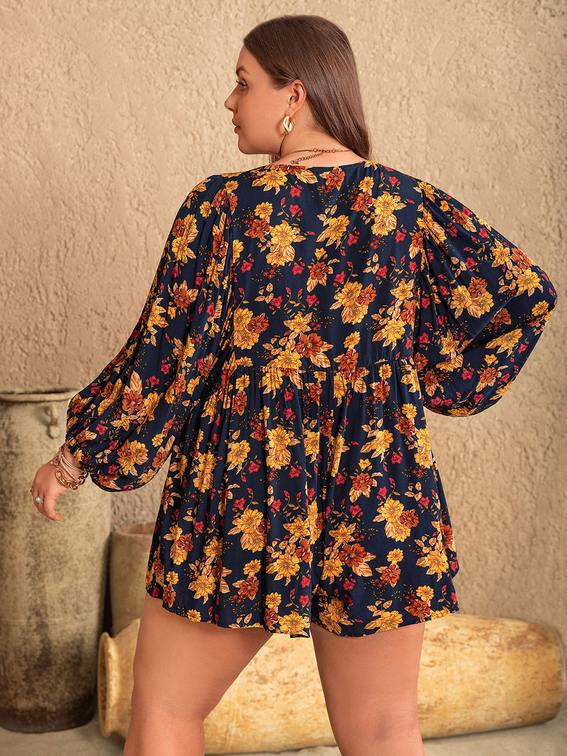 Outfit Flow - Plus Size Floral Tie Neck Balloon Sleeve Romper