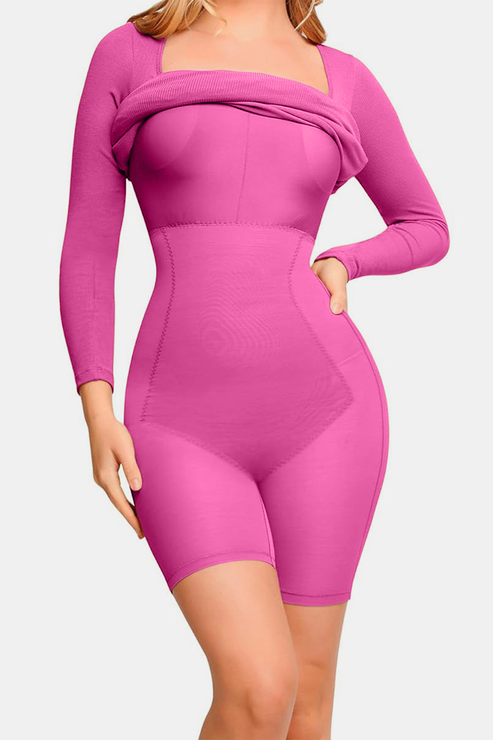 Outfit Flow - Basic Bae Full Size Built-In Shapewear Square Neck Long Sleeve Dress