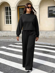 Solid Color Long Sleeve Top & Wide Leg Pants Set OutfitFlow