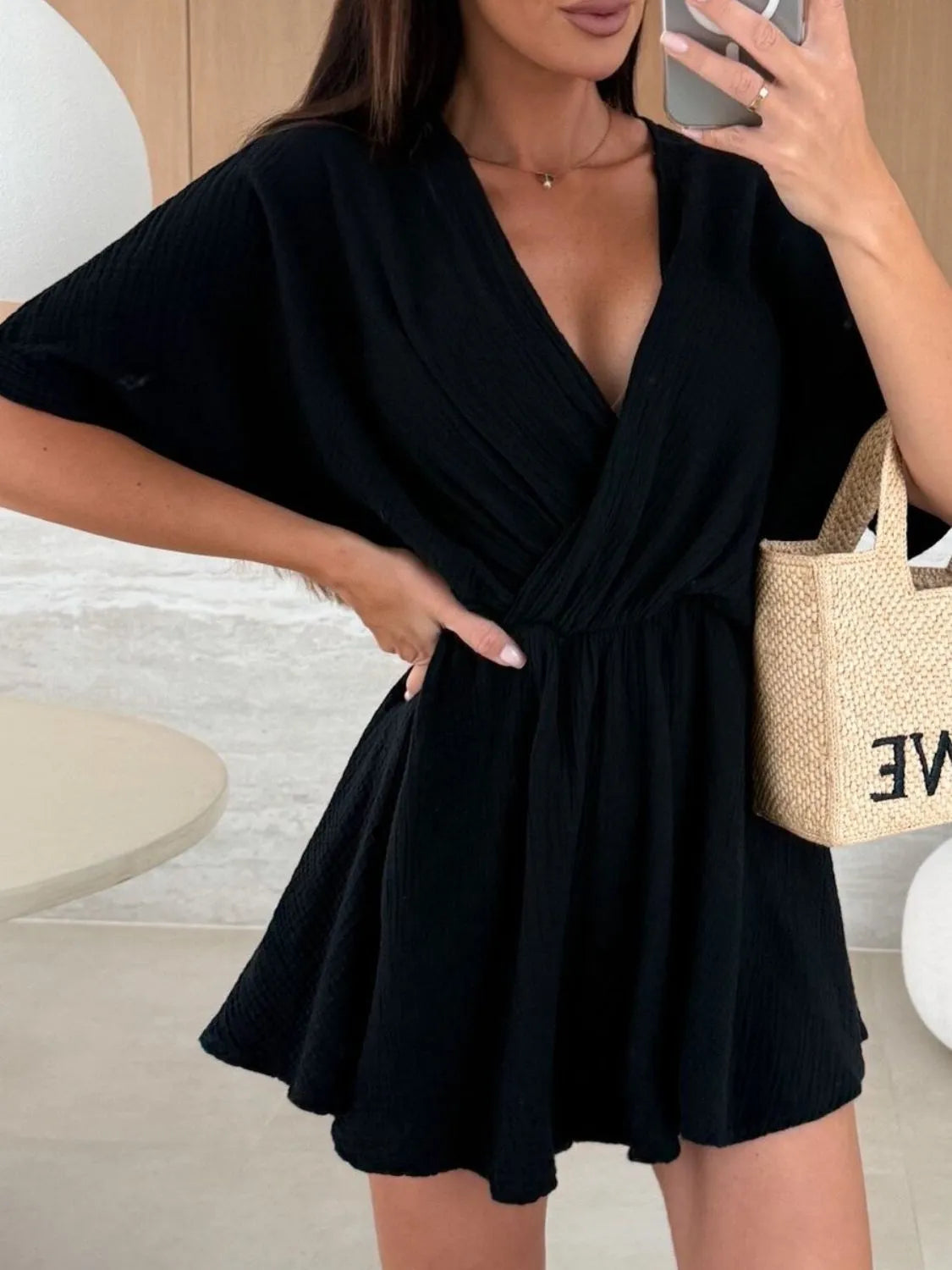 Surplice Half Sleeve Wrap Romper OutfitFlow