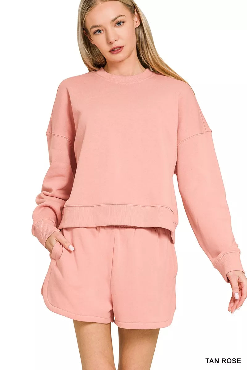 Zenana Fleece Long Sleeve Sweatshirts and Shorts Set ROSE TAN Trendsi
