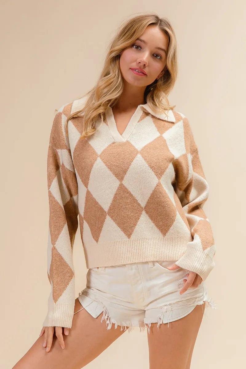 BiBi Diamond Pattern Collared Notch Neck Sweater OutfitFlow