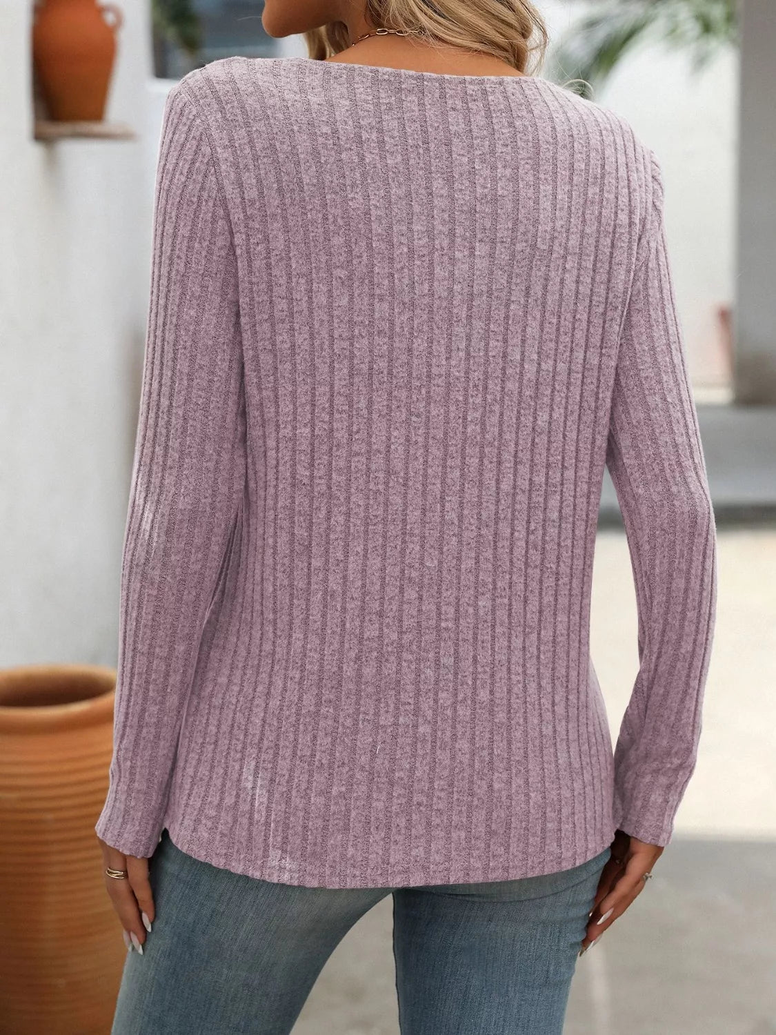 Ribbed Knit Long Sleeve Button Detail T-Shirt OutfitFlow