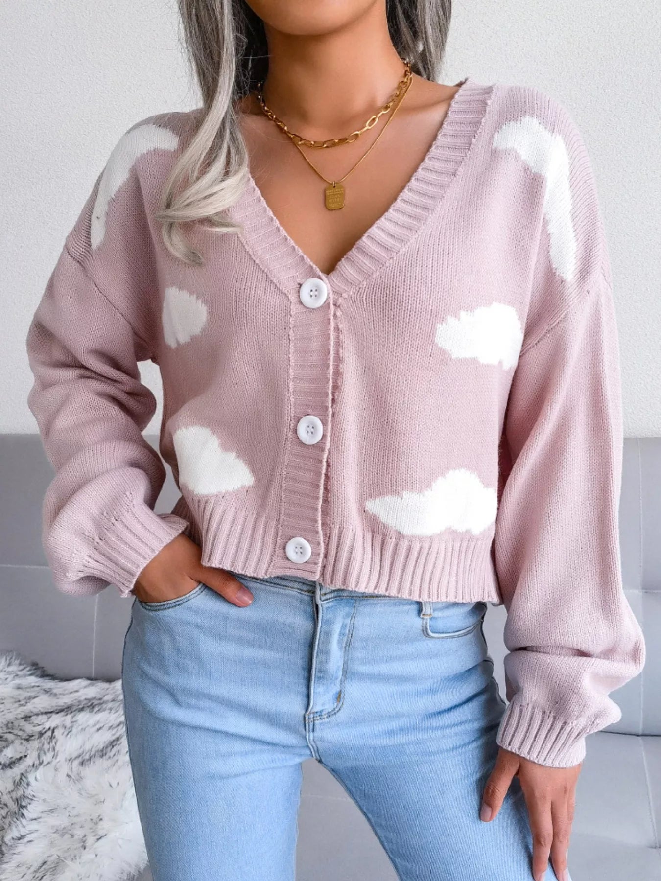 Cloud Pattern Button-Up Cropped Cardigan OutfitFlow