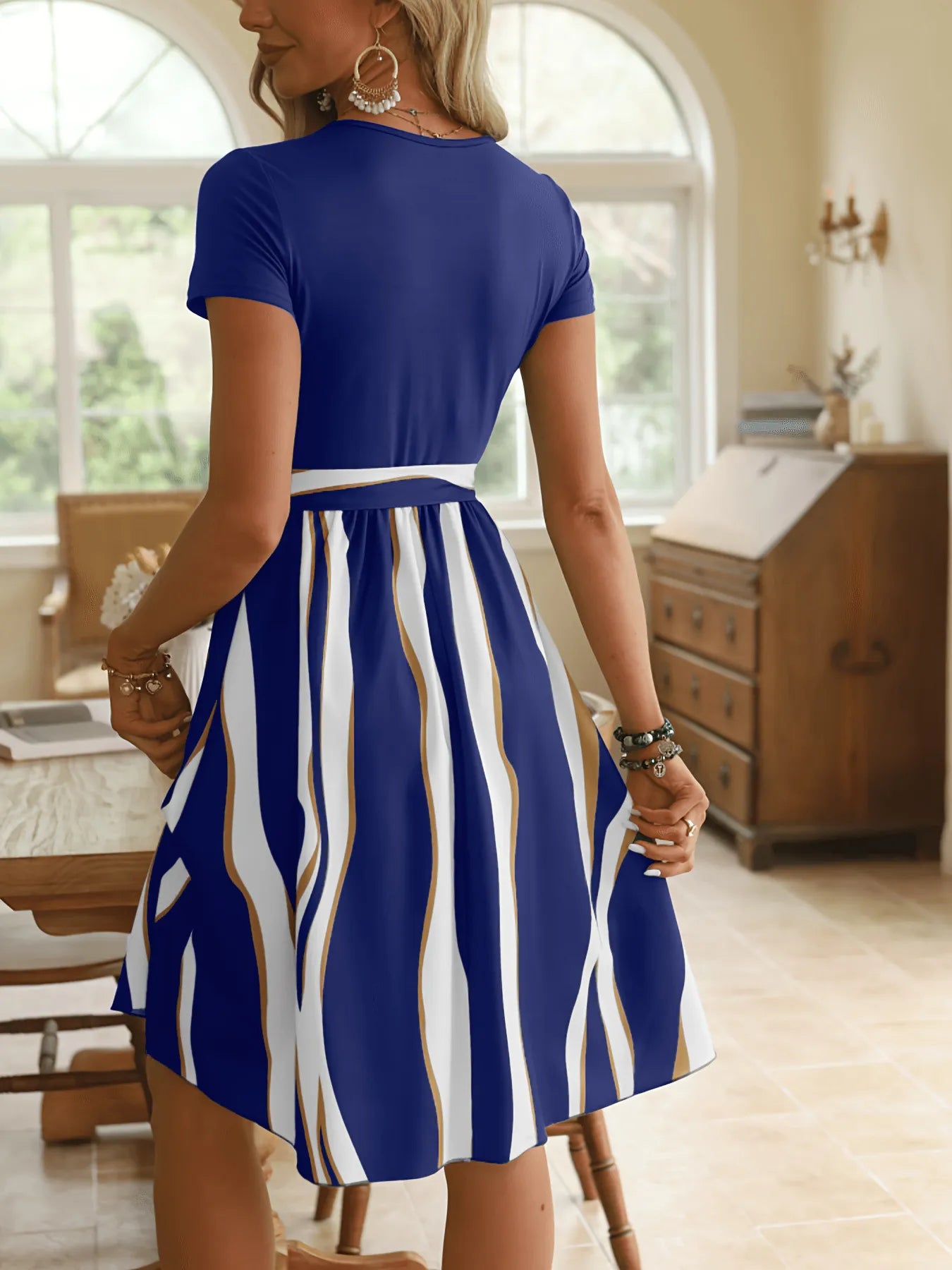Striped Short Sleeve Tie Waist Dress OutfitFlow