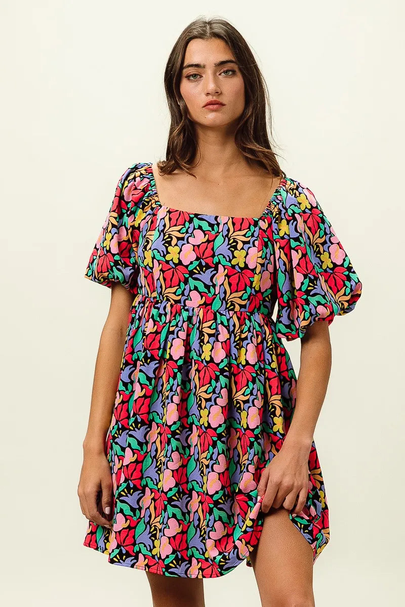 BiBi Floral Print Puff Square Neck Dress OutfitFlow
