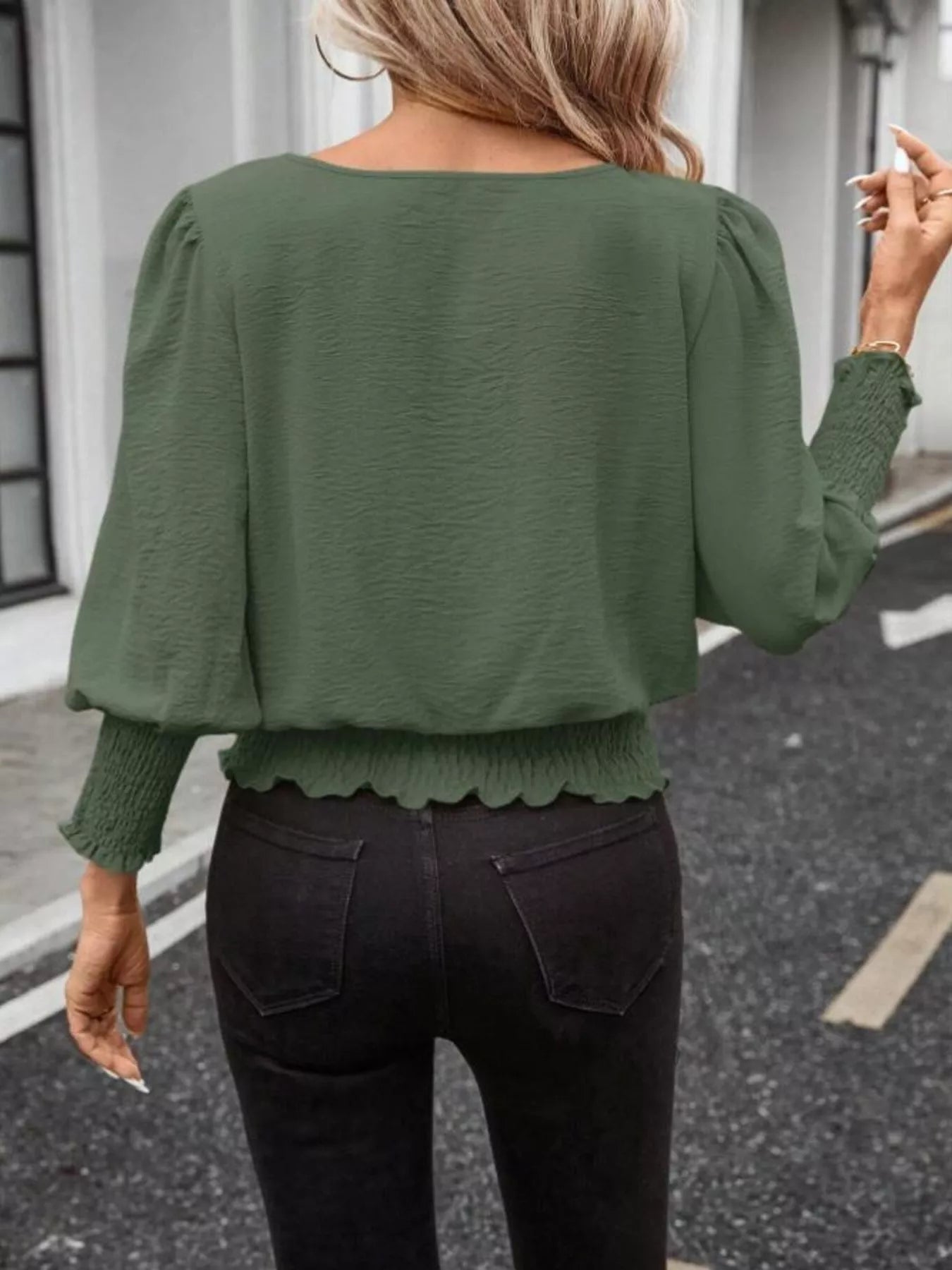 Smocked Waist Round Neck Blouse Trendsi