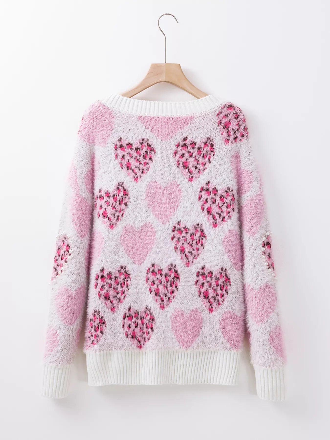 Heart Leopard Pearled Ribbed Trim Fuzzy Sweater OutfitFlow