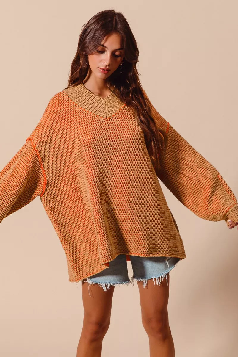 SO ME Oversized Two Tone Textured V Neck Sweater OutfitFlow