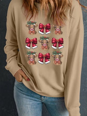 Christmas Heifer Bow Knot Print Casual Sweatshirt Camel OutfitFlow