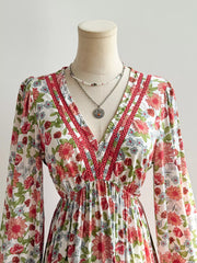 Floral Print V-Neck Bohemian Midi Dress OutfitFlow