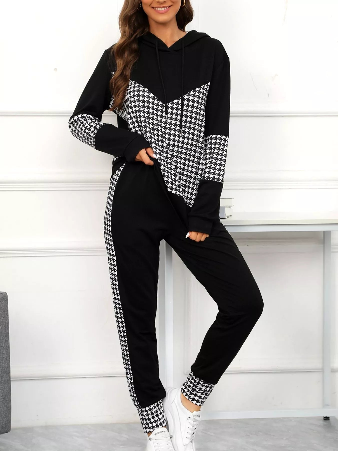 Houndstooth Drawstring Hoodie and Pants Se OutfitFlow