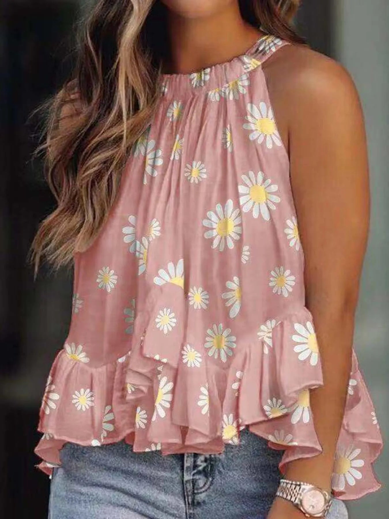 Ruffled Printed Halter Neck Cami Top Pink OutfitFlow