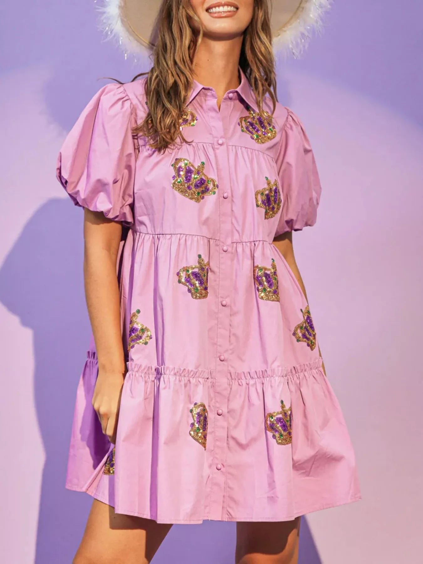 Full Size Sequin Button Front Puff Sleeve Shirt Dress Plus Size Violet OutfitFlow