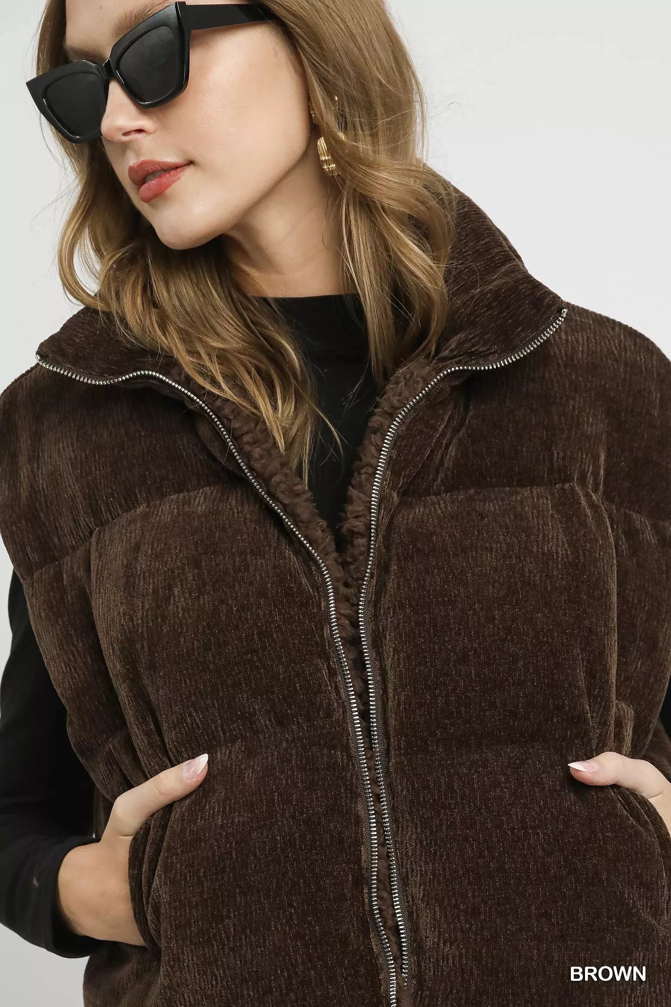 Umgee Sherpa-Lined Zip Vest with Drawstring Hem Trendsi