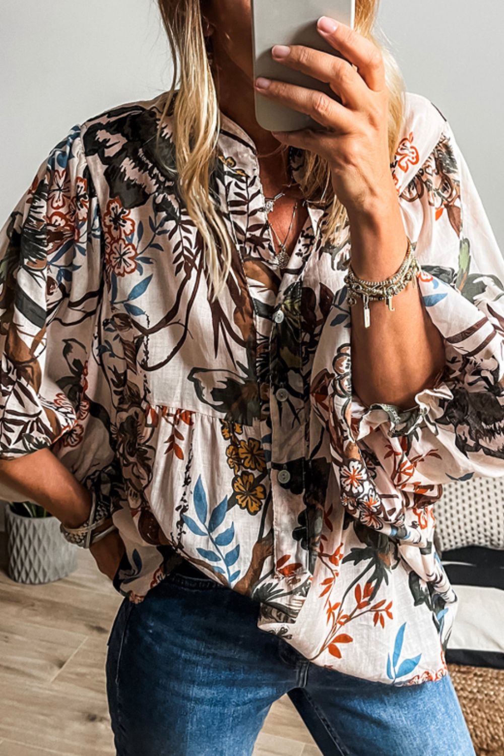 Outfit Flow - Printed Notched Flounce Sleeve Blouse