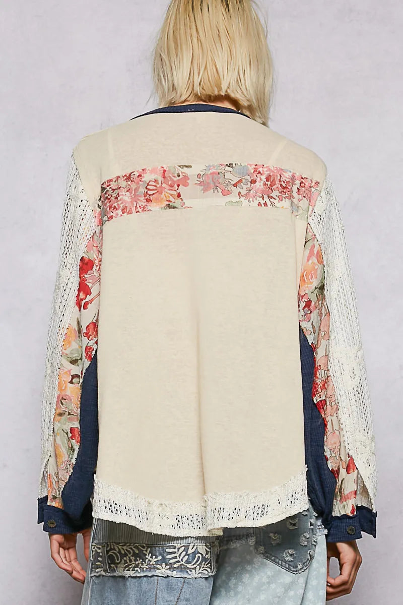 POL Button Detail Floral Patchwork Crochet Sleeve Blouse OutfitFlow