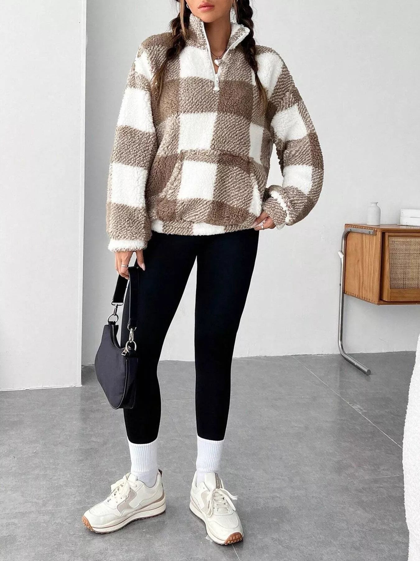 Full Size Plaid Sherpa Long Sleeve Sweatshirt Plus Size OutfitFlow