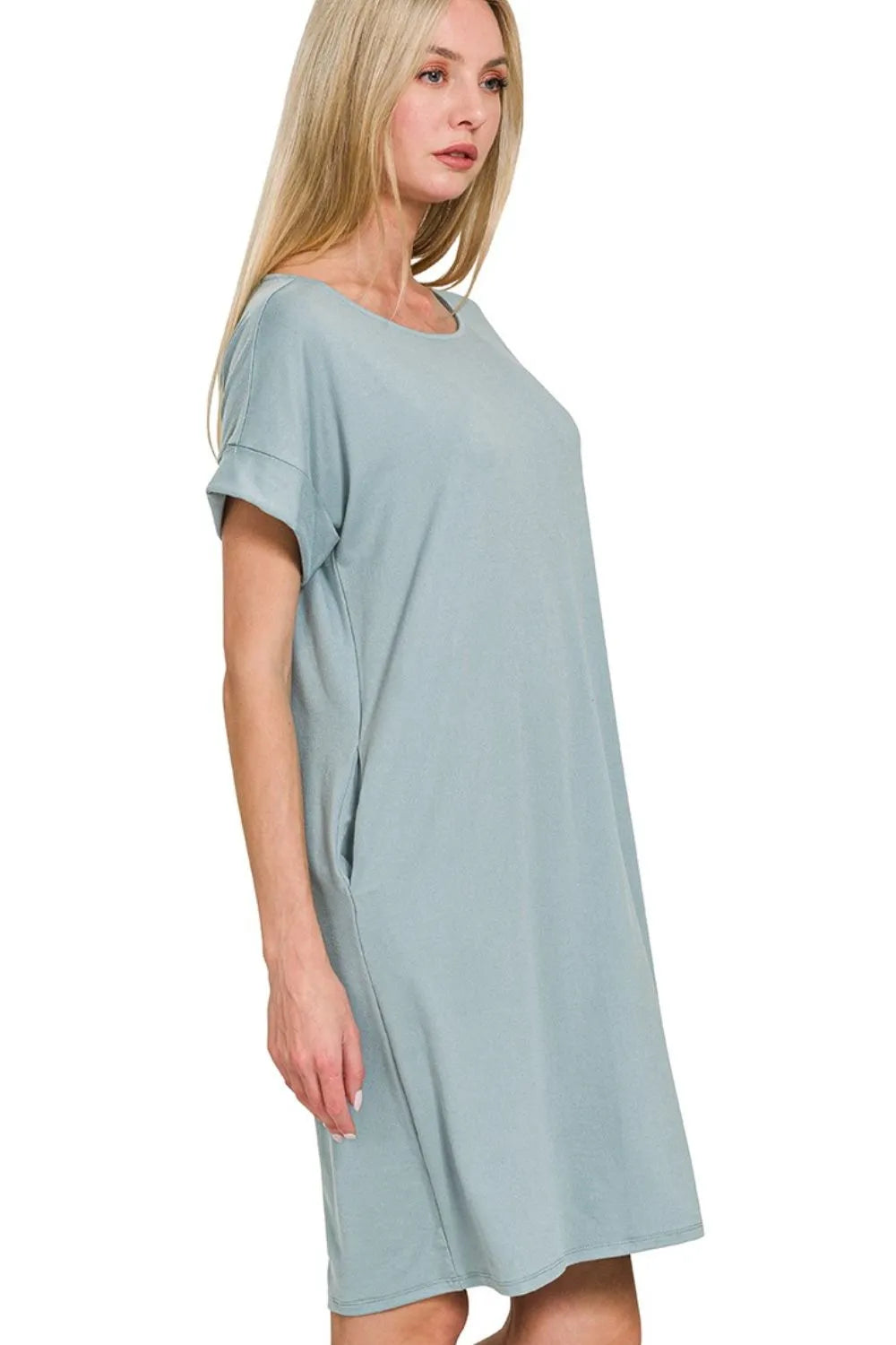 Zenana Rolled Short Sleeve Round Neck Dress OutfitFlow