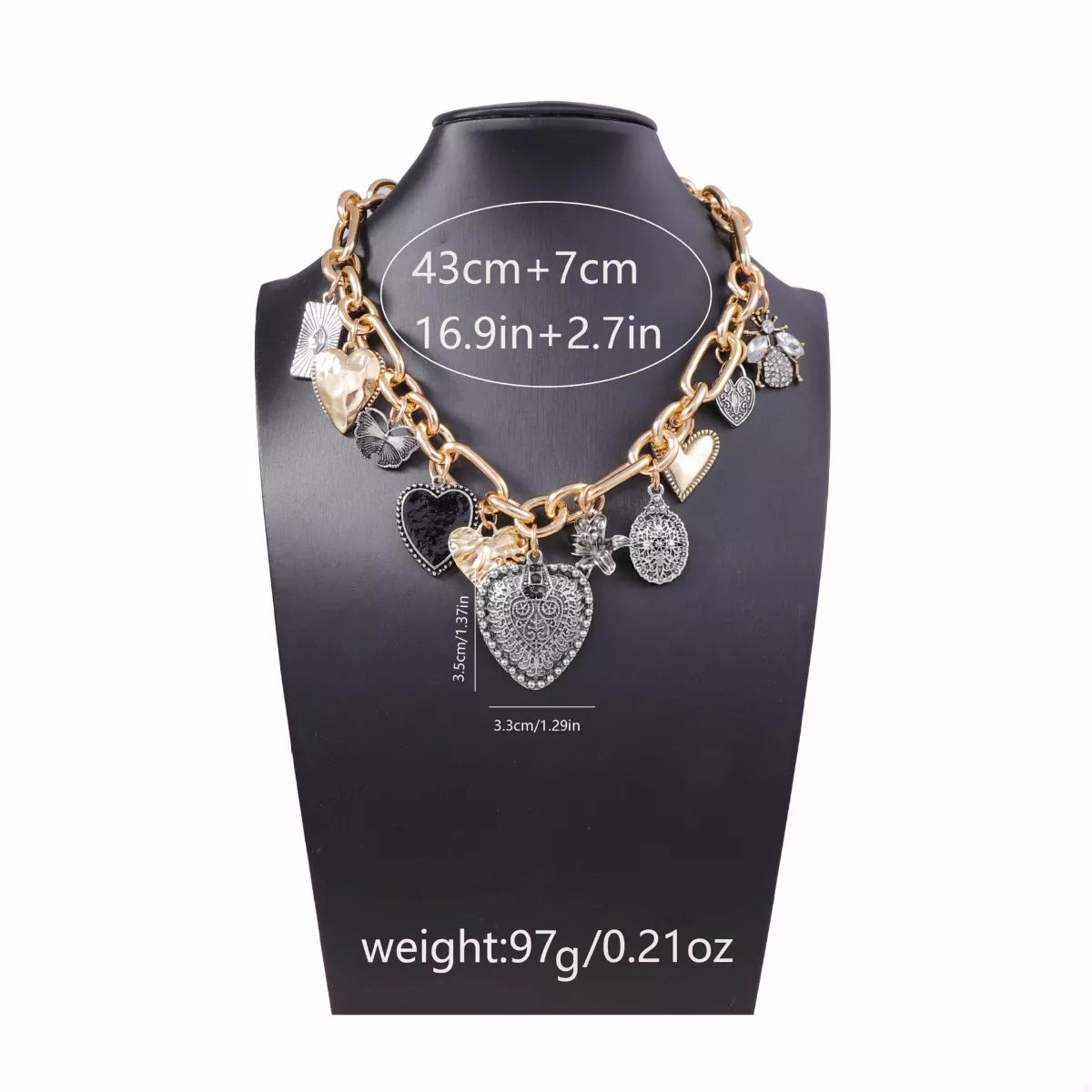 18K Gold-Plated Alloy Heart Charm Chain Statement Necklace OutfitFlow