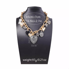 18K Gold-Plated Alloy Heart Charm Chain Statement Necklace OutfitFlow
