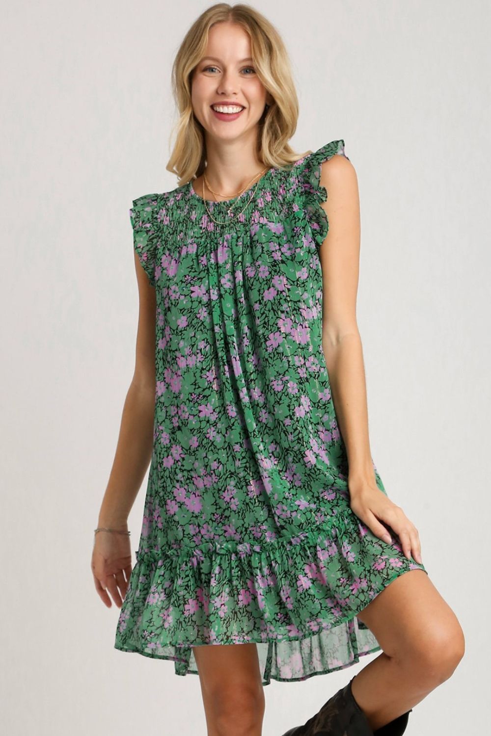 Umgee Full Size Smocked Detail Floral Metallic Ruffle Cap Sleeve Dress Plus Size OutfitFlow