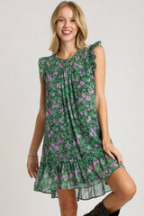 Umgee Full Size Smocked Detail Floral Metallic Ruffle Cap Sleeve Dress Plus Size OutfitFlow