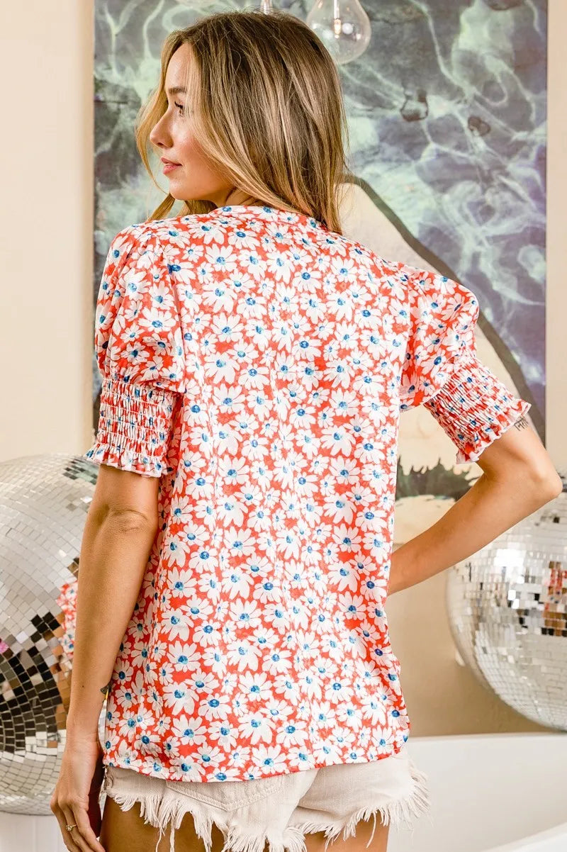 BiBi Floral Jqd Smoked Puff Sleeves V Neck Top OutfitFlow
