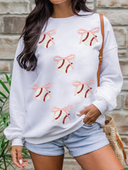 Sequin Bow Baseball Patched Casual Sweatshirt OutfitFlow