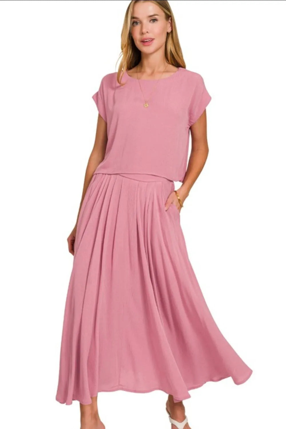 Zenana Woven Crinkle Gauze Crop Tee and Skirt Set OutfitFlow