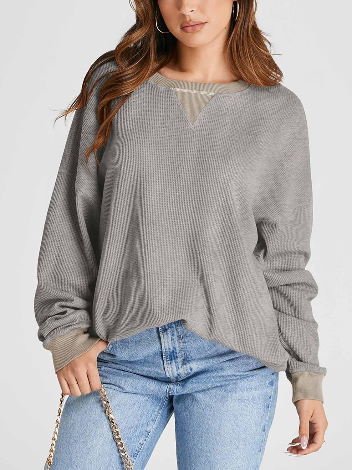 Outfit Flow - Waffle Knit Round Neck Long Sleeve T-Shirt