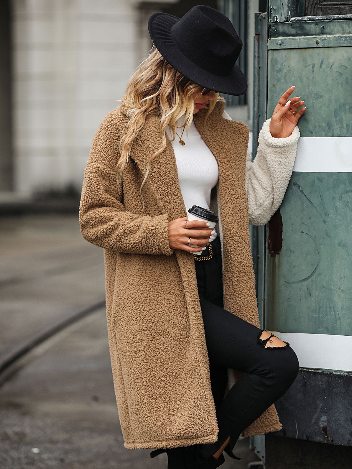 Contrast Dropped Shoulder Sherpa Coat Trendsi