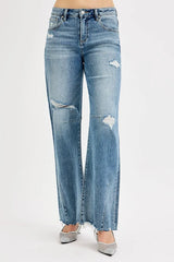 RISEN Full Size Mid Rise Fit Wide Baggy Leg Tie Washed Jeans Plus Size OutfitFlow