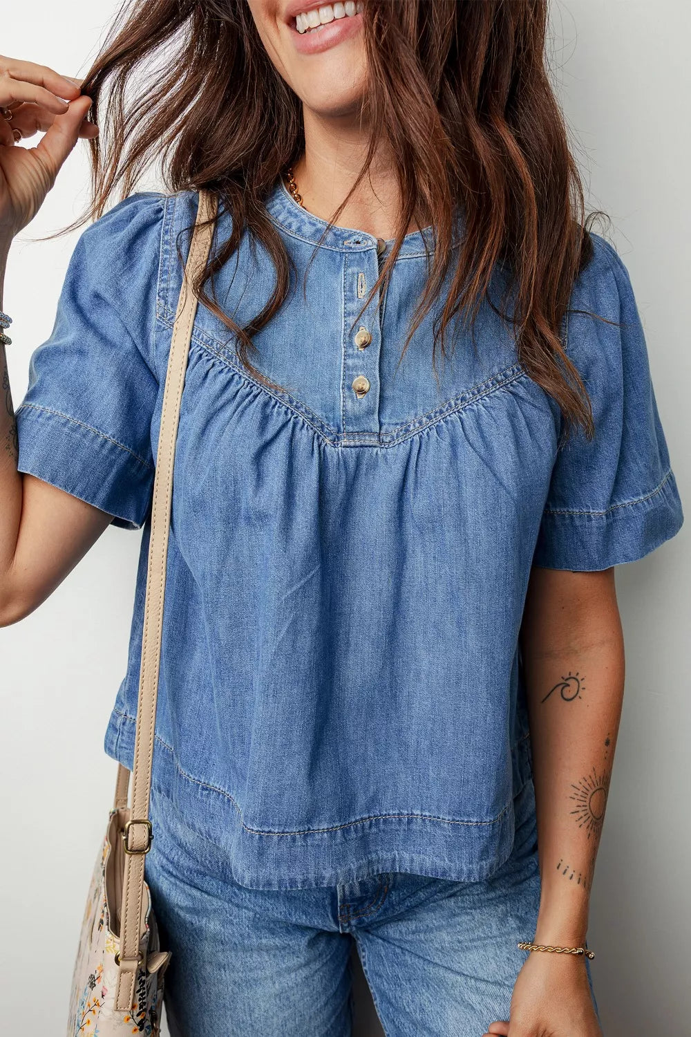 Pleated Detail Half Button Short Sleeve Denim Top Dusty Blue Trendsi