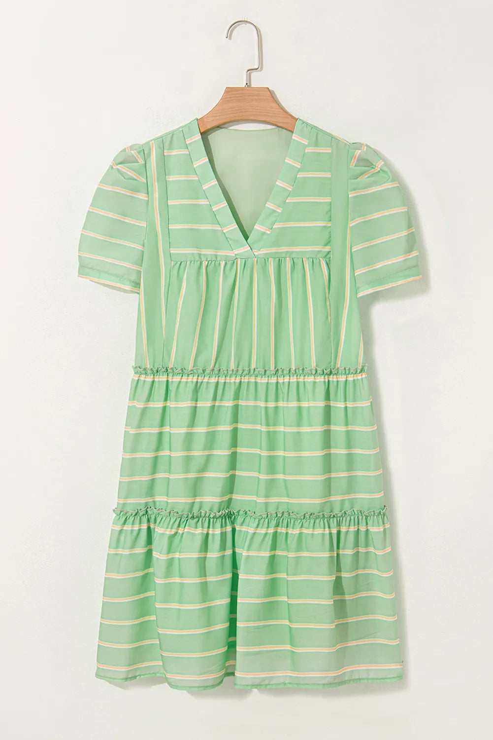 Stripe V Neck Short Sleeve Frilled Detail Dress OutfitFlow