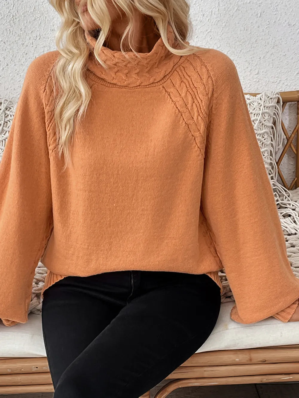 Cable-Knit Turtleneck Long Sleeve Sweater OutfitFlow