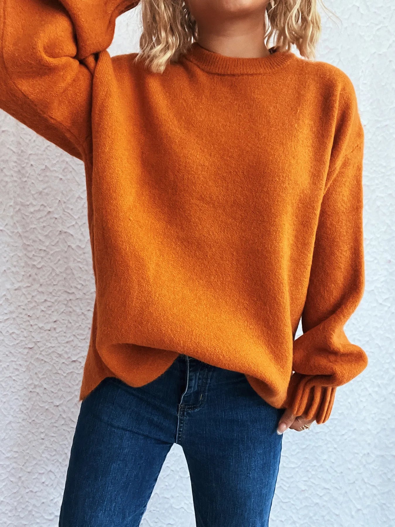 Round Neck Dropped Shoulder Sweater OutfitFlow