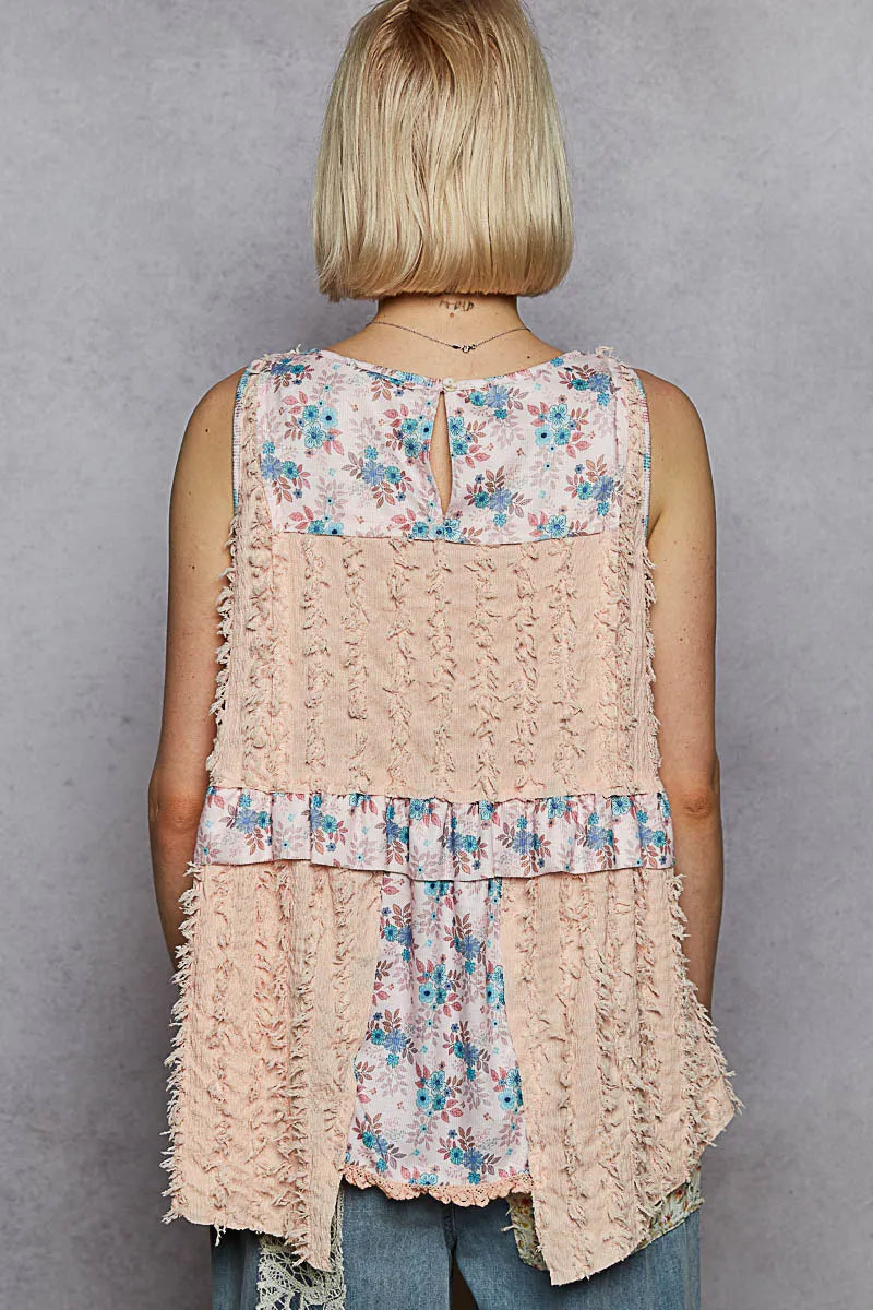 POL Floral Textured Round Neck Sleeveless Top OutfitFlow
