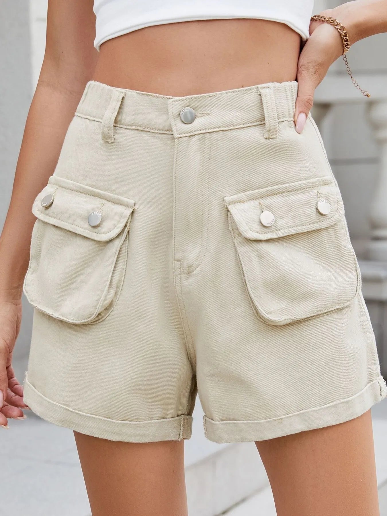 High Waist Cargo Denim Shorts with Multi Pockets OutfitFlow