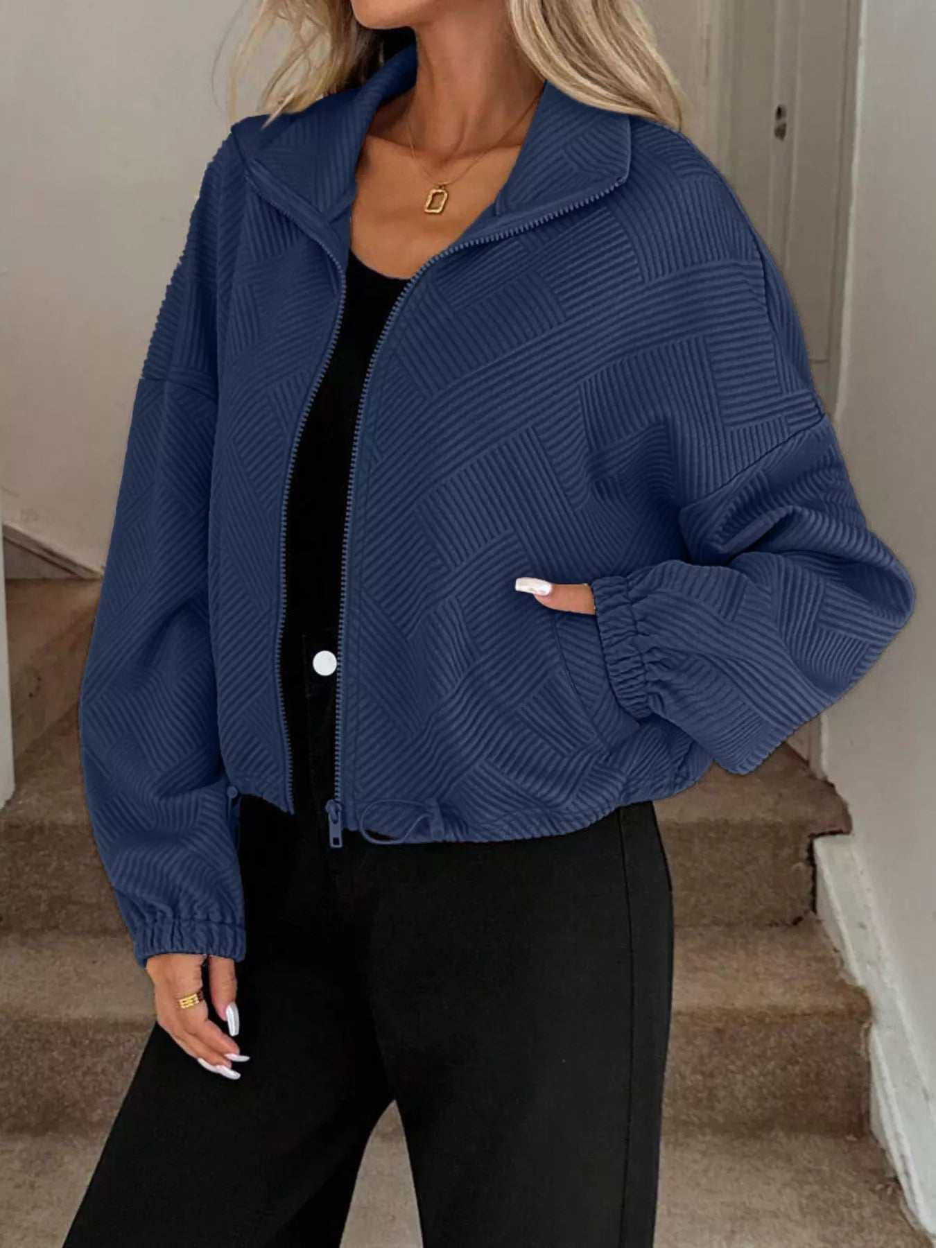 Drawstring Hem Textured Long Sleeve Jacket OutfitFlow