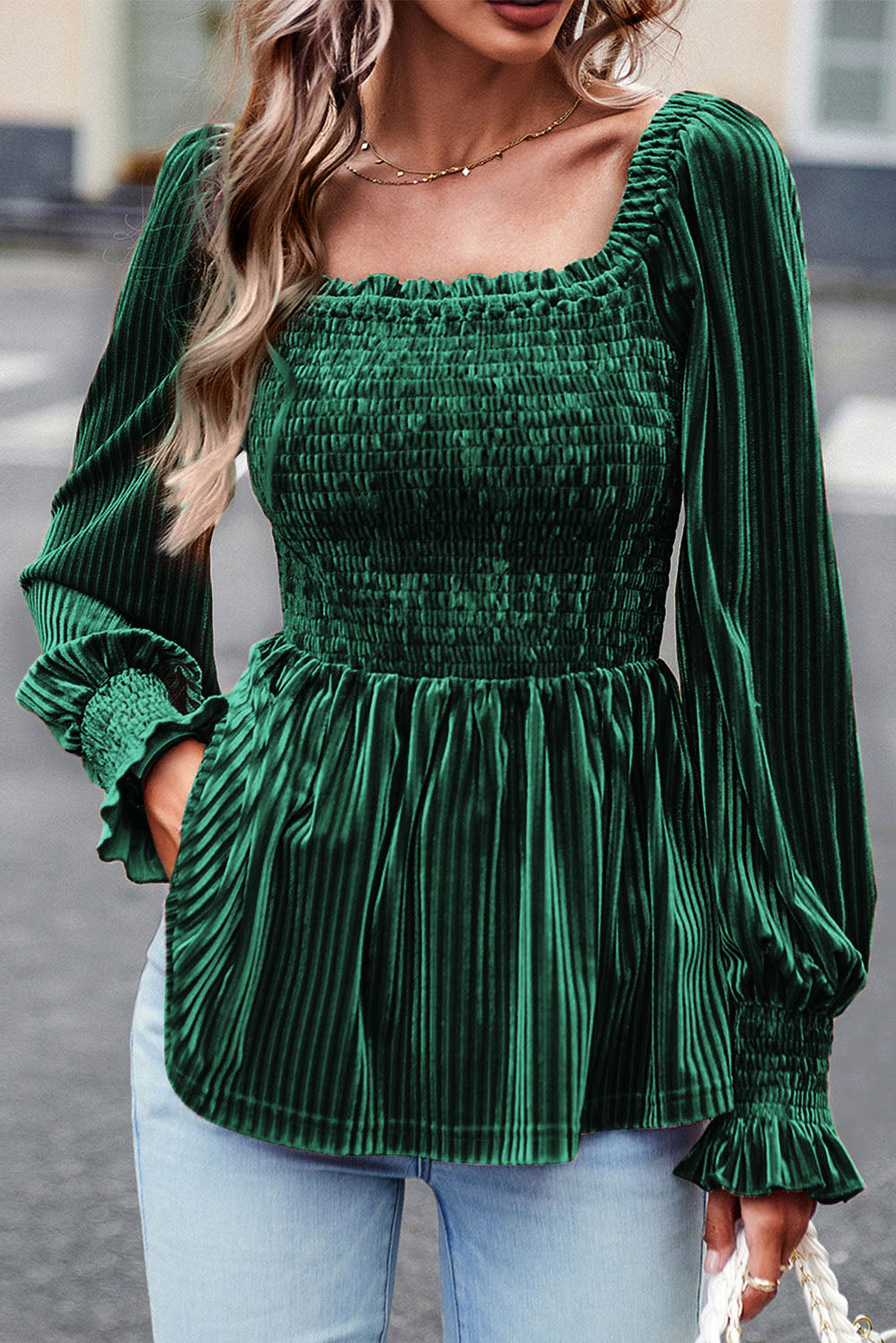 Outfit Flow - Smocked Ribbed Velvet Babydoll Top