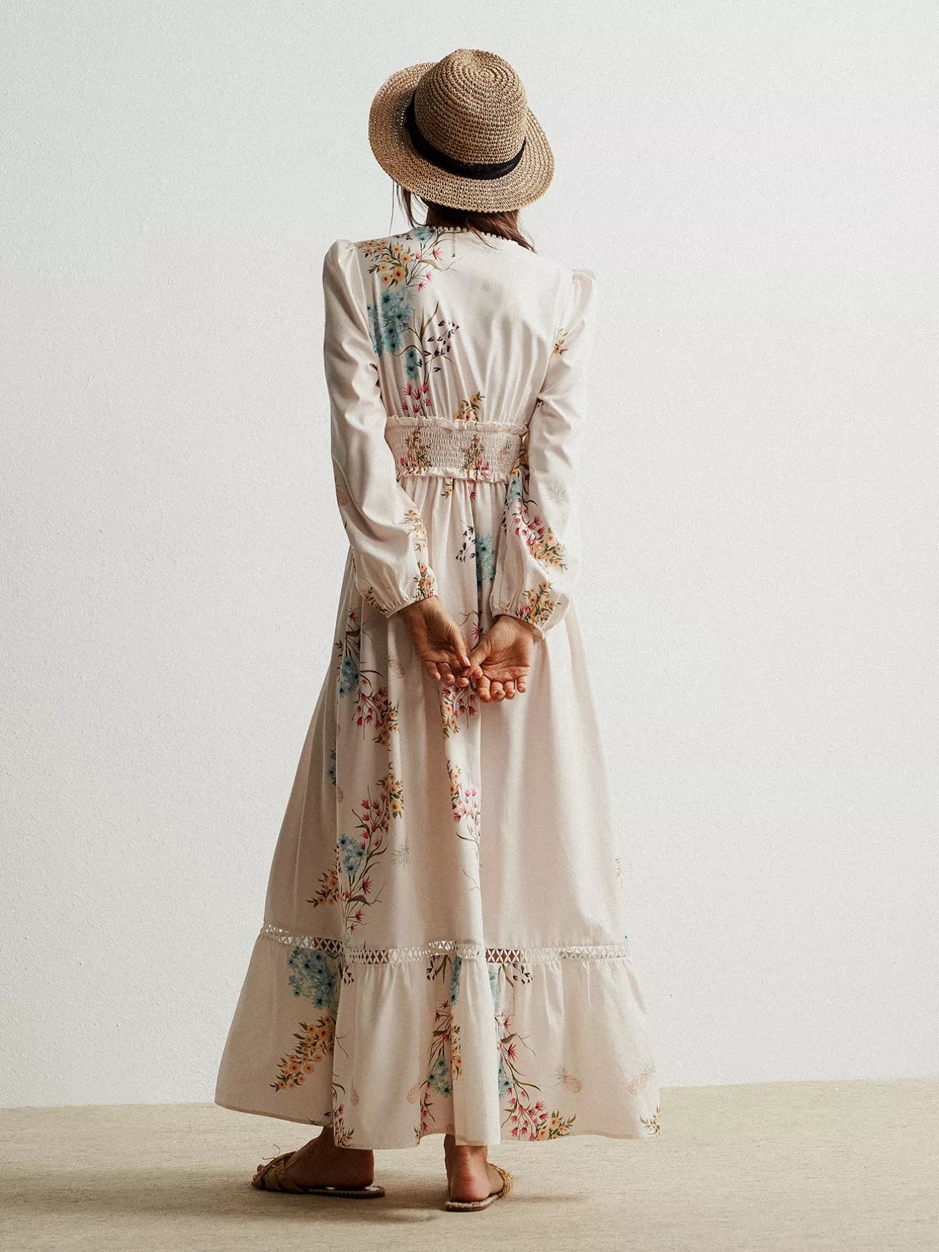 Floral Print Long Sleeve Maxi Dress with Smocked Waist OutfitFlow